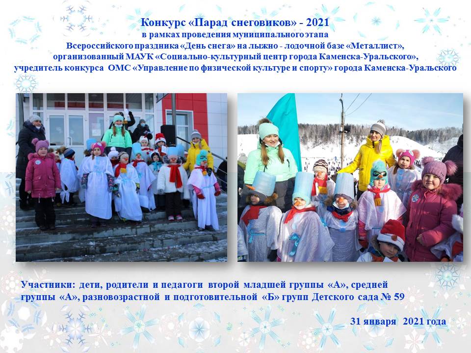 Участие педагогов детей и родителей Детского сада 59 в конкурсе Парад снеговиков в рамках всемирного Дня снега январь 2021 года